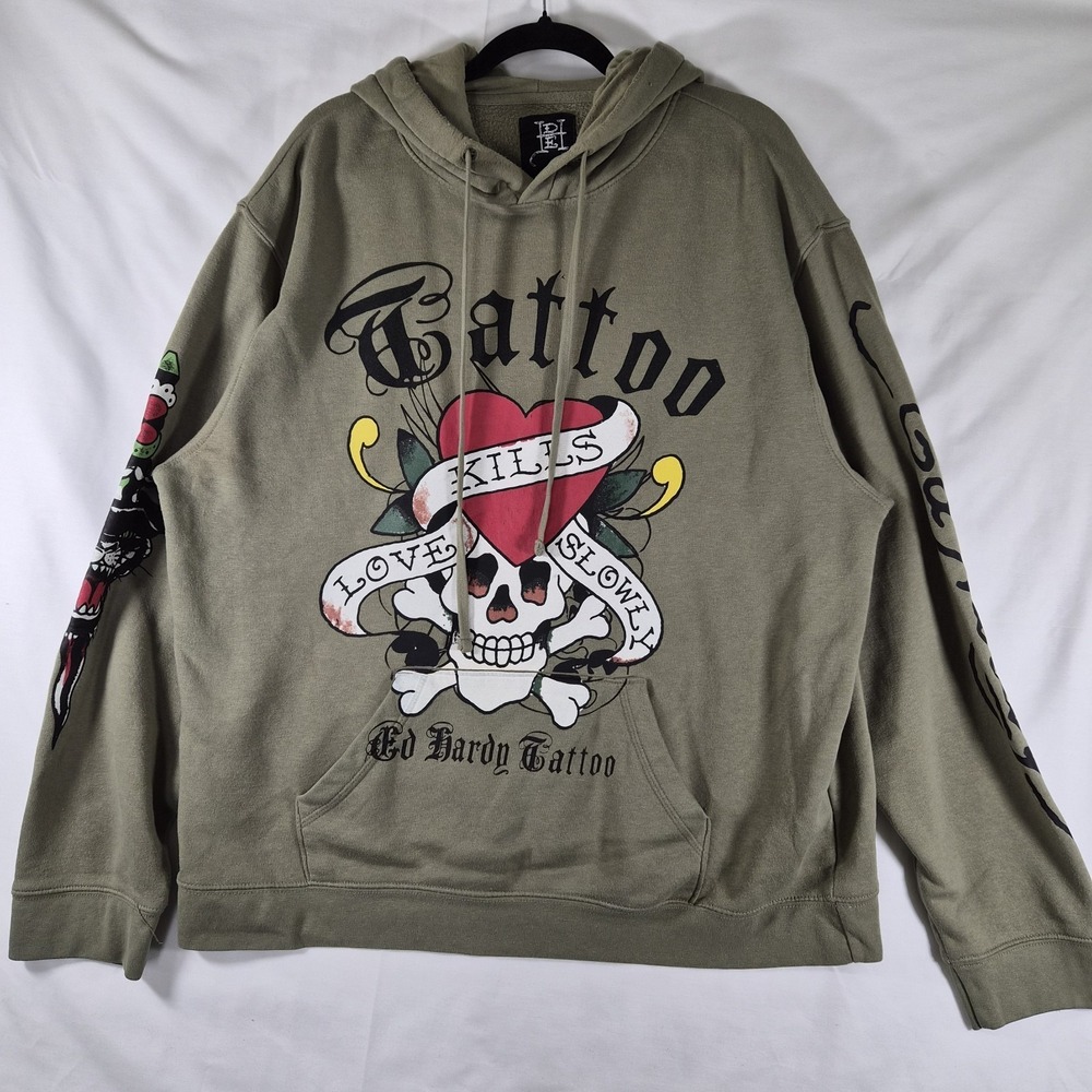 Y2K Ed Hardy Tattoo Hoodie XL Olive Green Skull Heart Graphic Streetwear